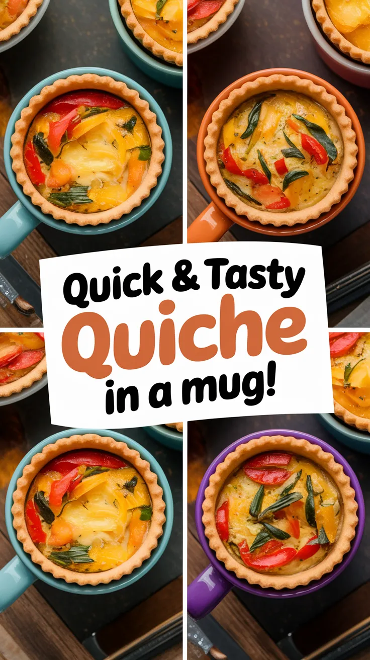 Delicious mini quiches baked in colorful microwave-friendly mugs