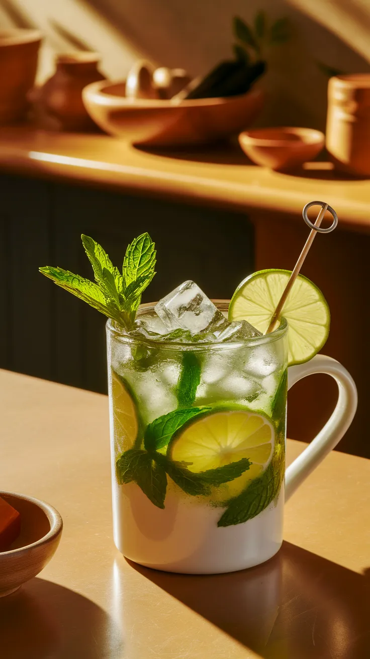 Delicious Mojito Mocktail in a Mug with Mint Syrup, Ice, and Lime