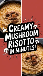 Creamy Mushroom Risotto prepared in a microwave, showcasing delicious textures and garnished with mushrooms.