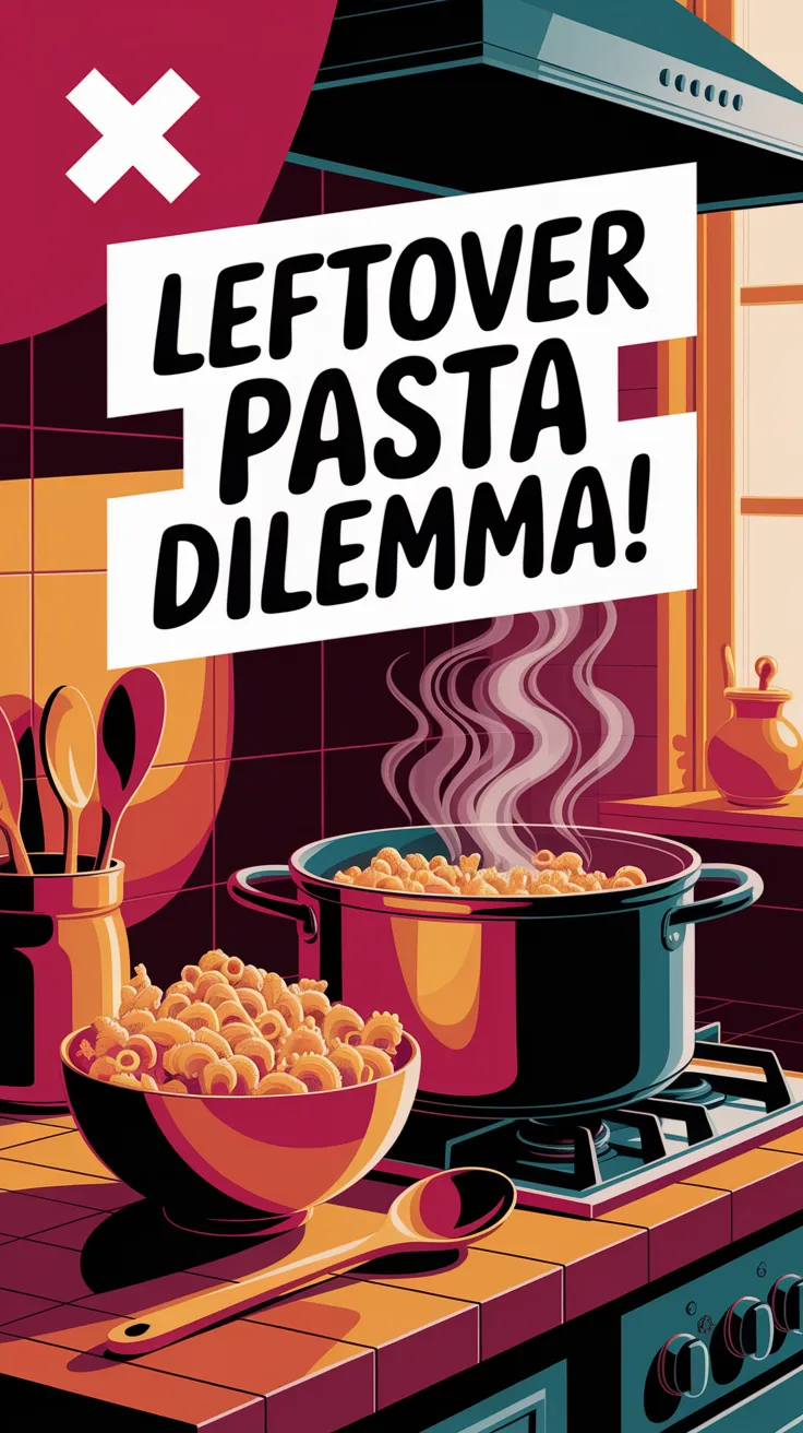 Illustration of leftover pasta being cooked in a pot, highlighting the common mistakes with reheating.