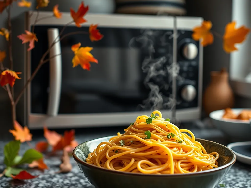 A bowl of spaghetti with steam rising, highlighting the risks of microwaving leftover pasta.