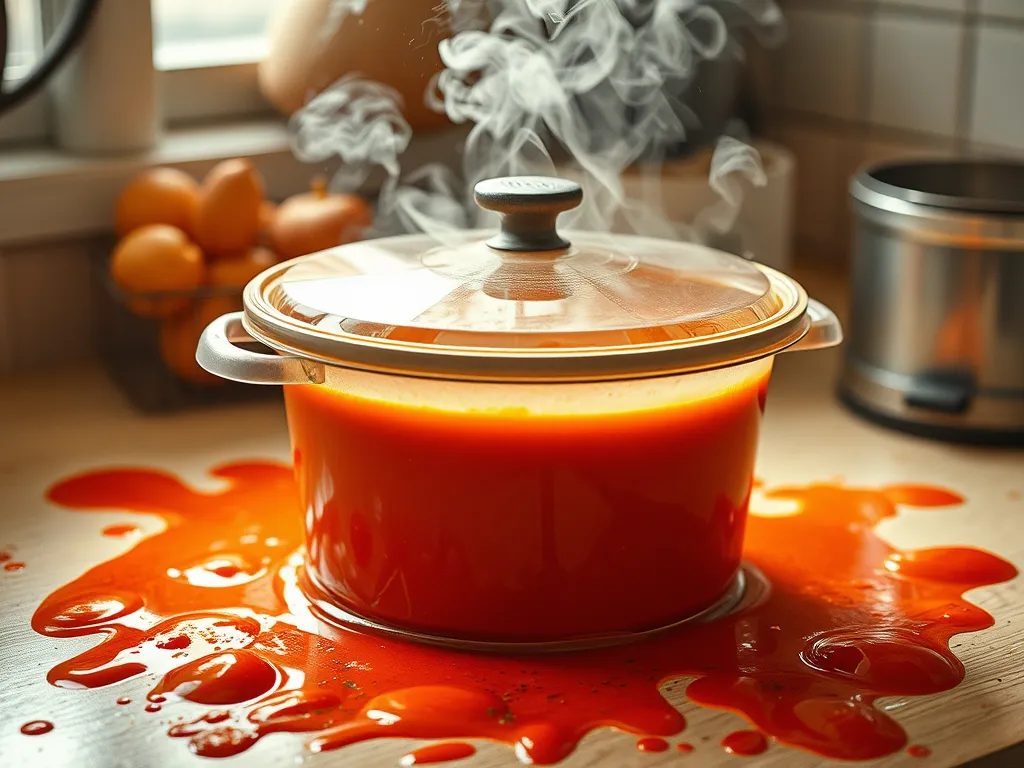 A pot spilling sauce on a kitchen counter, highlighting the dangers of microwaving certain containers.