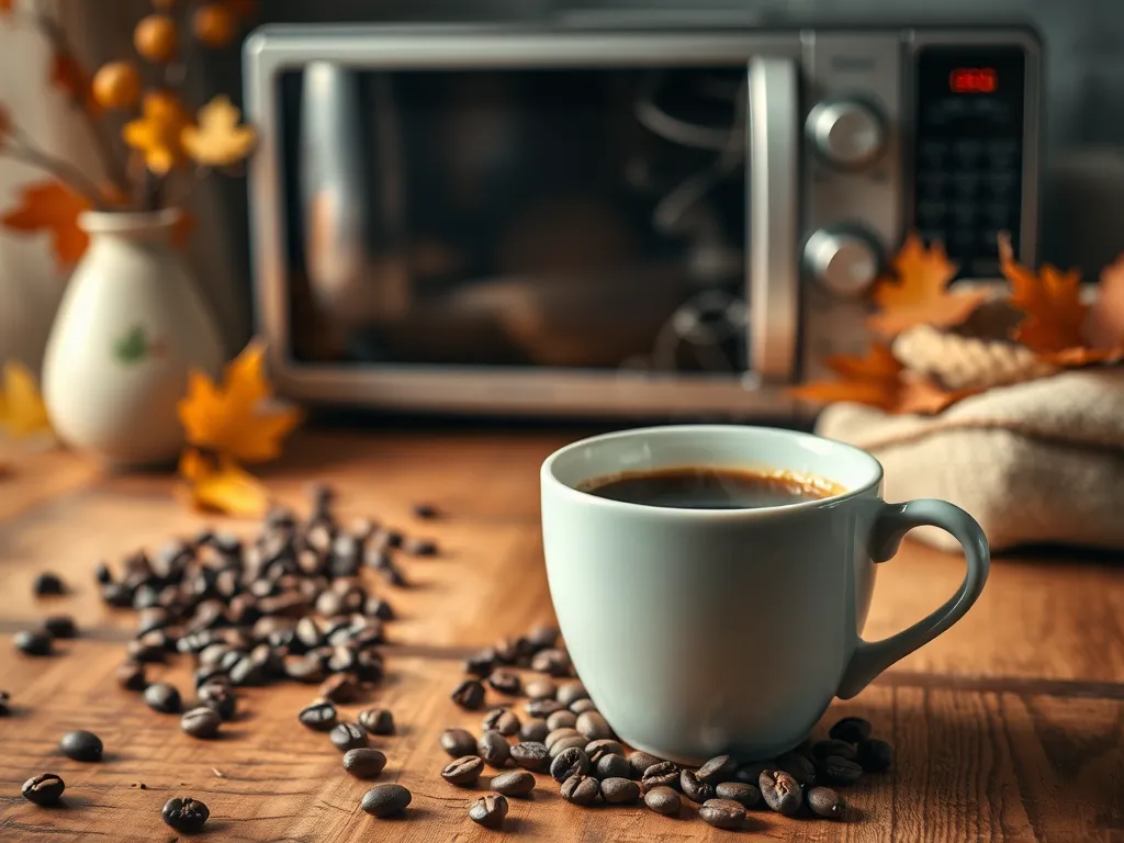 Freshly brewed coffee in a cup with coffee beans, avoiding microwave reheating