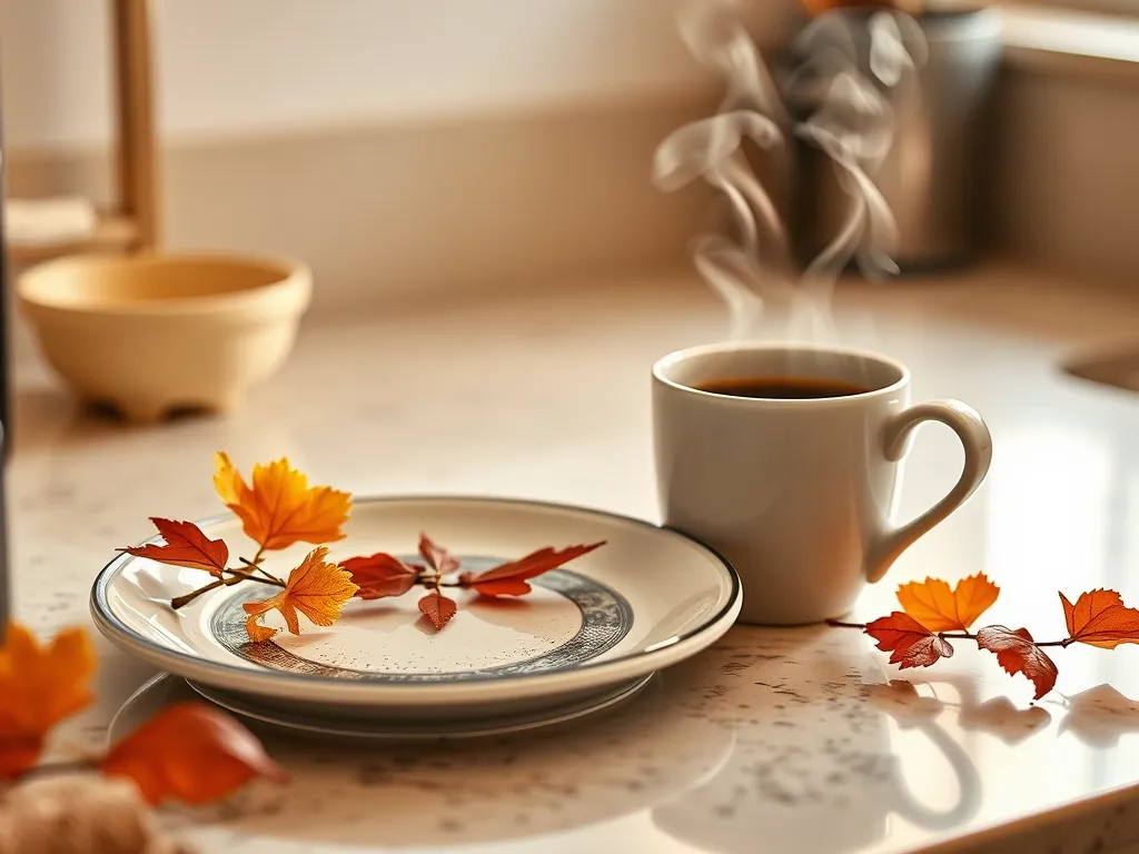 A steaming cup of coffee with autumn leaves, illustrating how to enjoy coffee without reheating in the microwave.