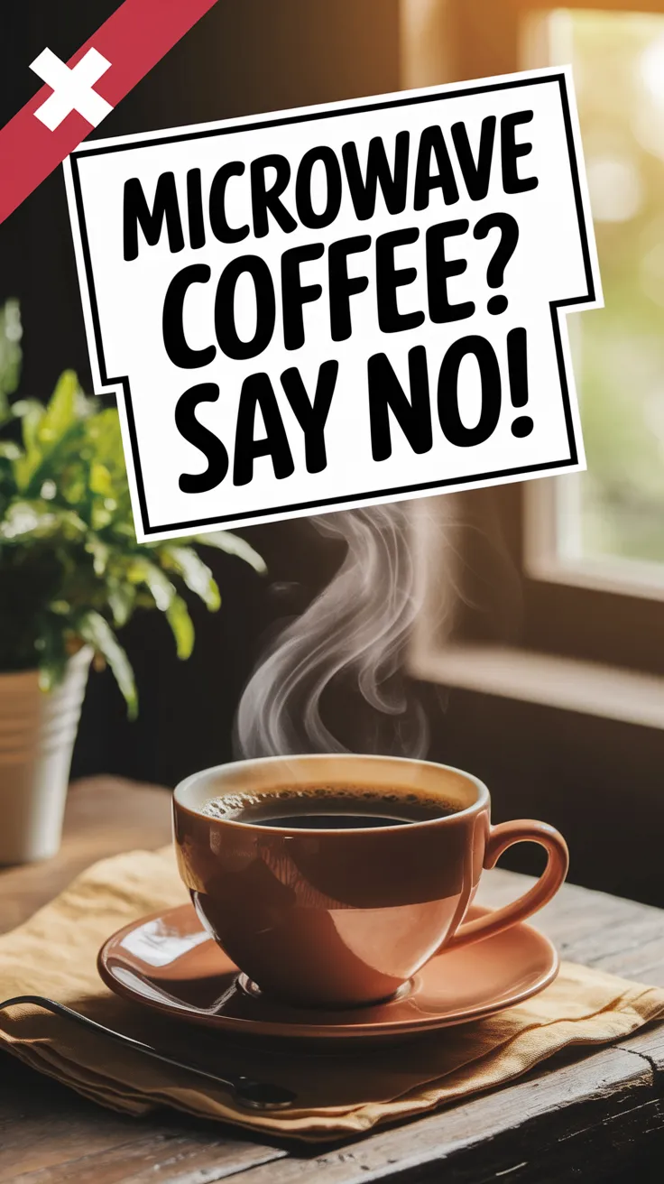 A steaming cup of coffee with a warning against reheating in the microwave.