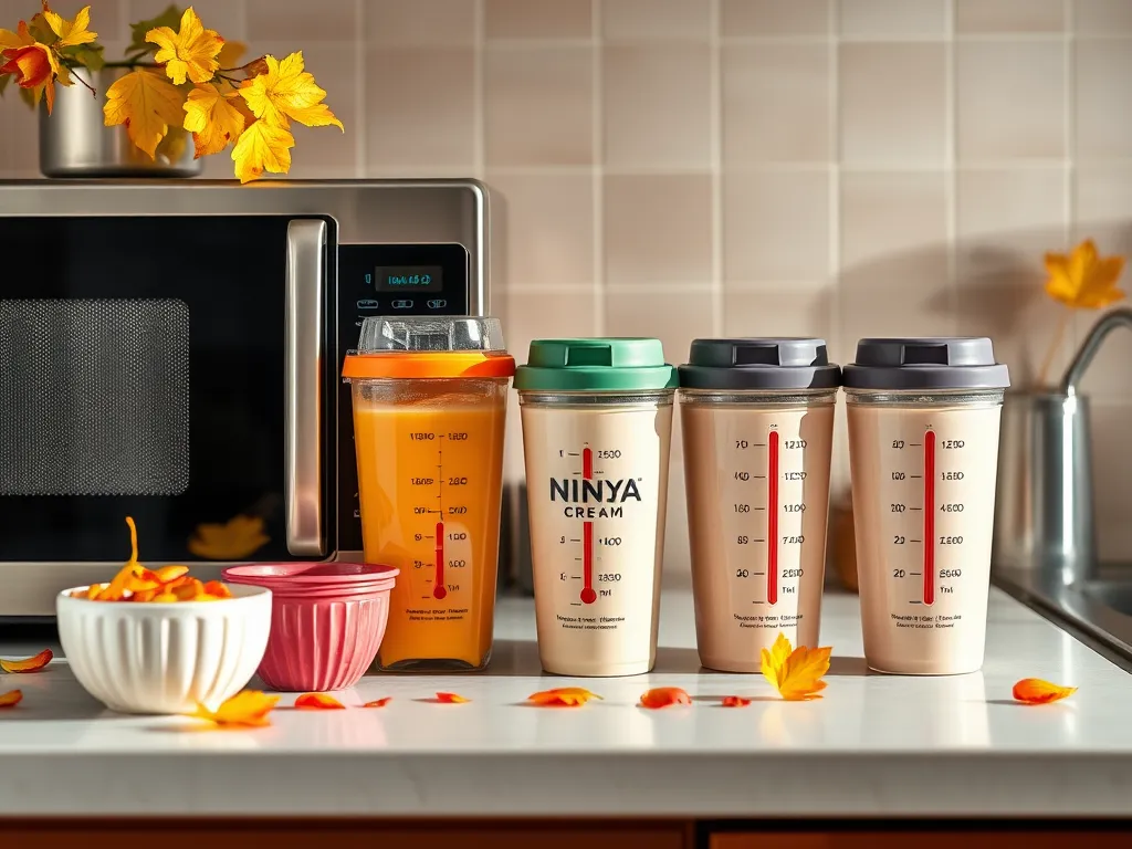 Ninja Creami containers lined up on a kitchen counter, emphasizing their design and potential for microwave safety.