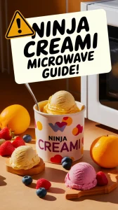 Ninja Creami container with ice cream and fruits, illustrating microwave safety.