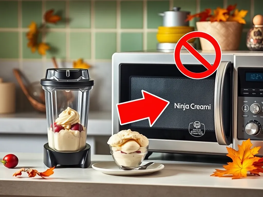 Illustration of Ninja Creami containers and a microwave with a warning sign against microwaving.