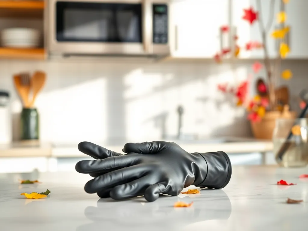 Microwaving nitrile gloves for quick sterilization in a kitchen setting