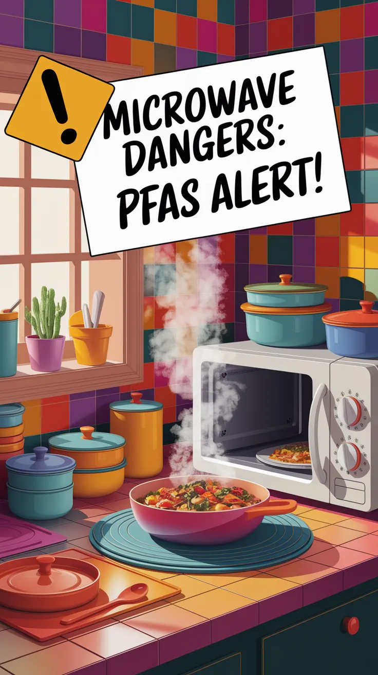 Illustration of a kitchen showing non-stick containers in the microwave with a PFAS alert.
