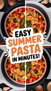 A colorful one-pot summer pasta dish with vegetables prepared in a microwave.