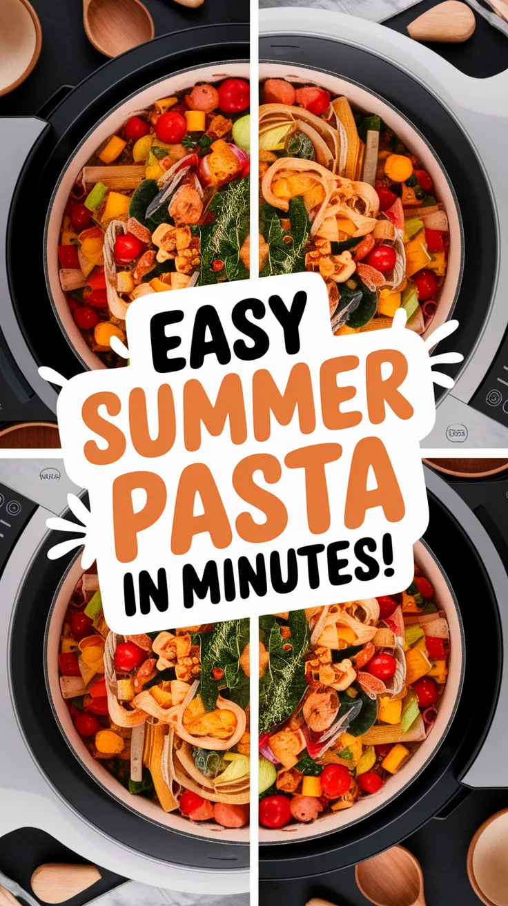 A colorful one-pot summer pasta dish with vegetables prepared in a microwave.