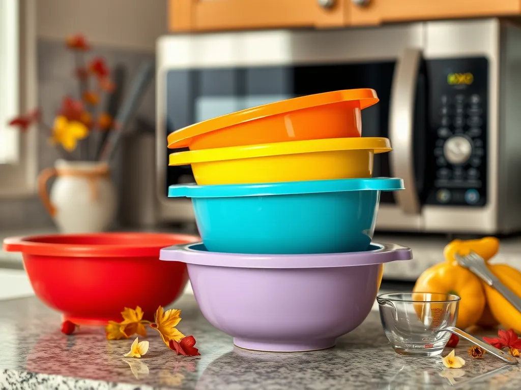 Colorful Oxo mixing bowls and measuring cups arranged in a kitchen setting, indicating their microwave safety.