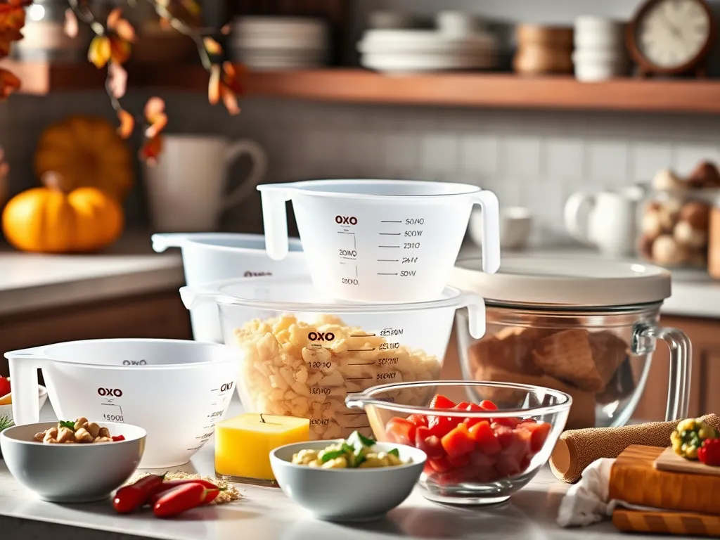 Oxo measuring cups and mixing bowls displayed in a kitchen setting, all microwave safe.