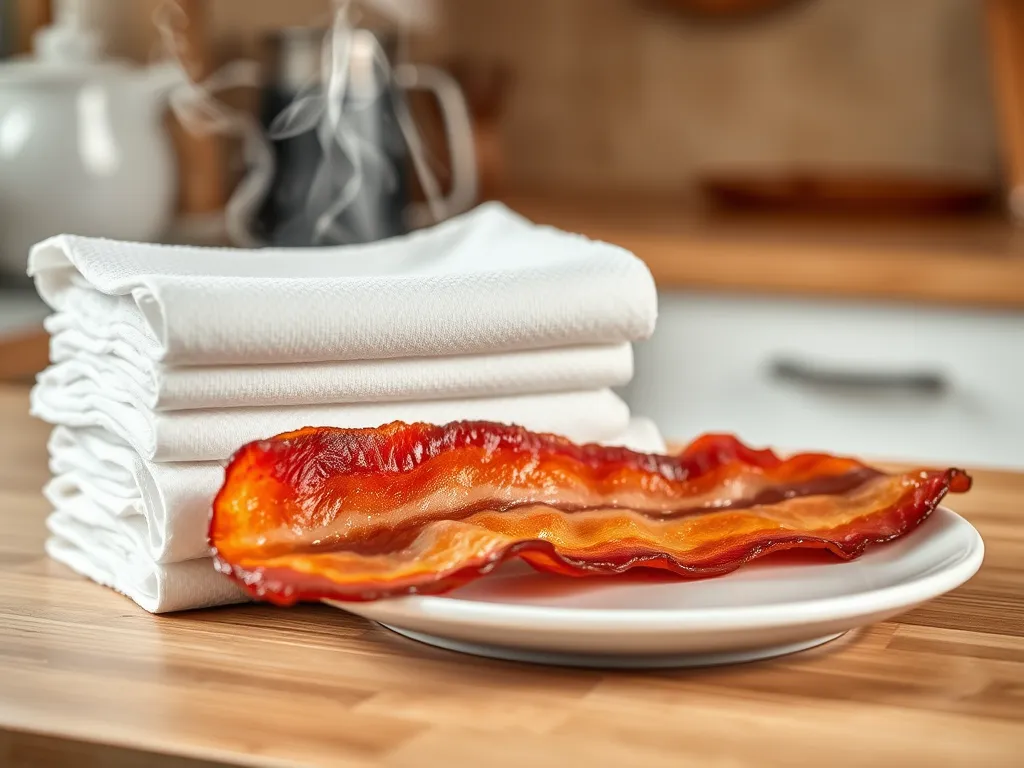 Cooked bacon on a plate with paper towels, highlighting the myth of dioxins in microwave use.