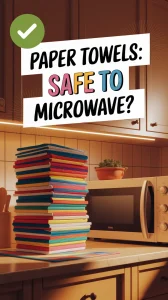 Stack of colorful paper towels next to a microwave, questioning their safety in the microwave.