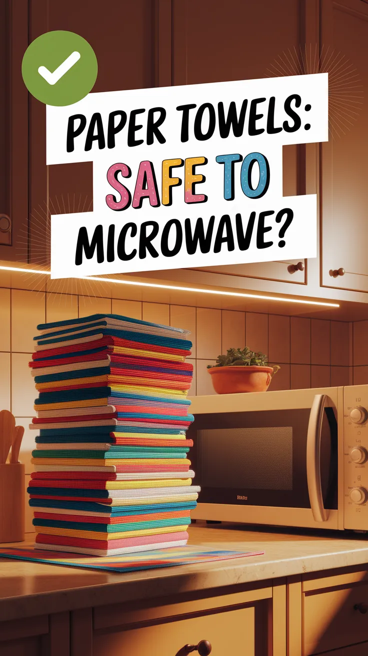 Stack of colorful paper towels next to a microwave, questioning their safety in the microwave.