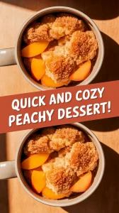 Delicious microwave peach cobbler in a mug with fresh peaches.