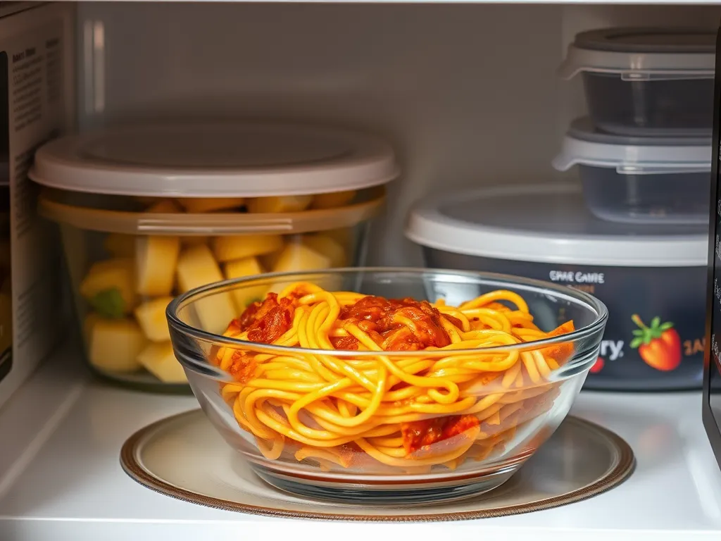 Bowl of pasta in a microwave, highlighting concerns about phthalates emitted from microwaved plastic containers.