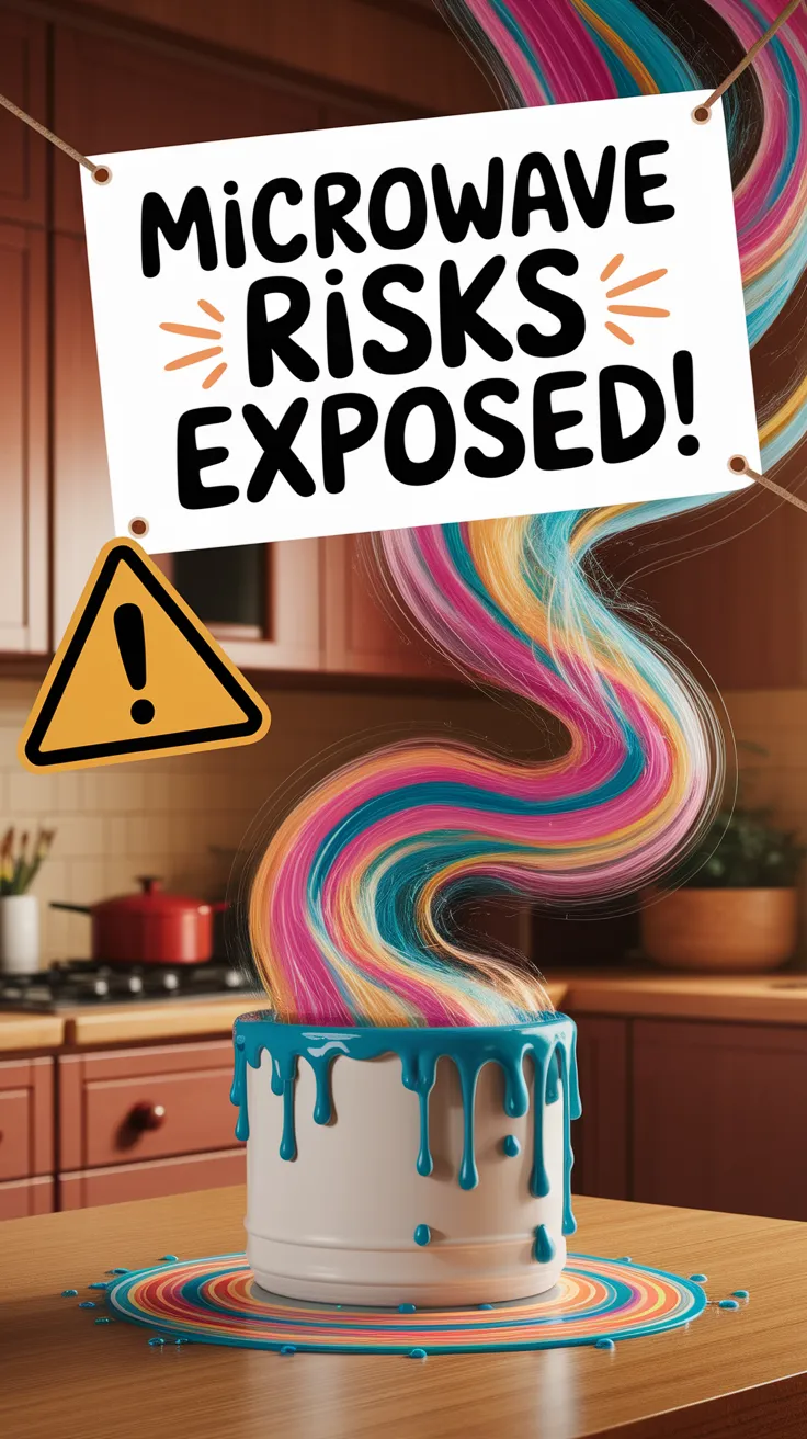 Visual representation of microwave risks related to phthalates in plastic with colorful swirling paint.