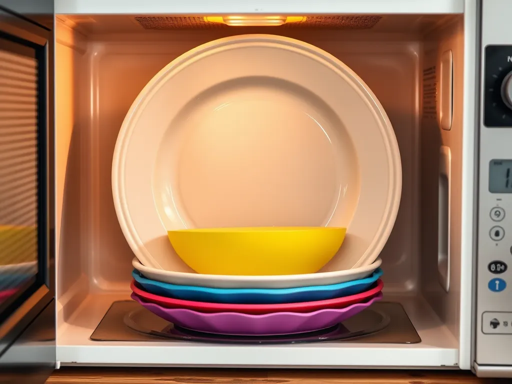 Stack of colorful plates in a microwave demonstrating the plate stack trick for reheating multiple dishes at once.