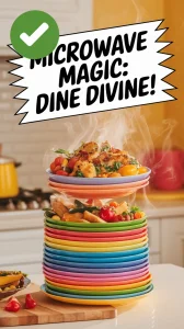 Plate stack trick for reheating multiple dishes at once in the microwave.