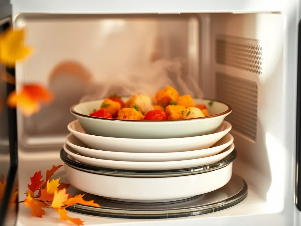 Multiple dishes stacked in a microwave using the plate stack trick for efficient reheating