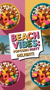 Colorful beach-style popcorn party mix with vibrant candies and snacks.