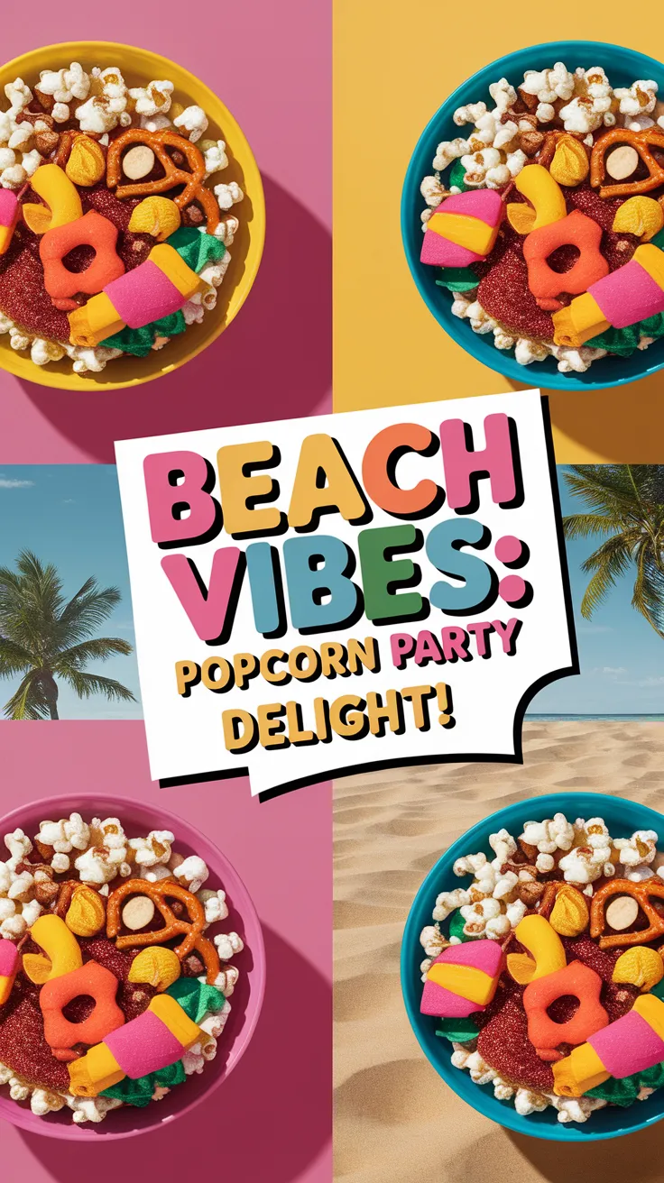 Colorful beach-style popcorn party mix with vibrant candies and snacks.