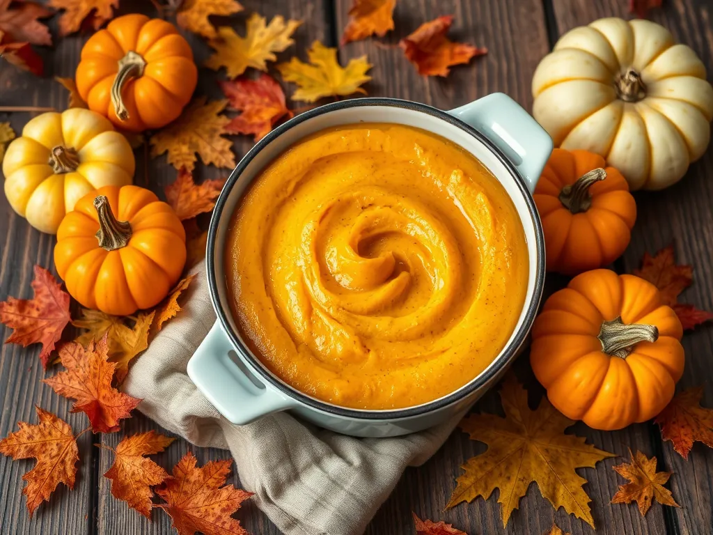 Creamy pumpkin custard in an Anyday dish, surrounded by autumn leaves and mini pumpkins.
