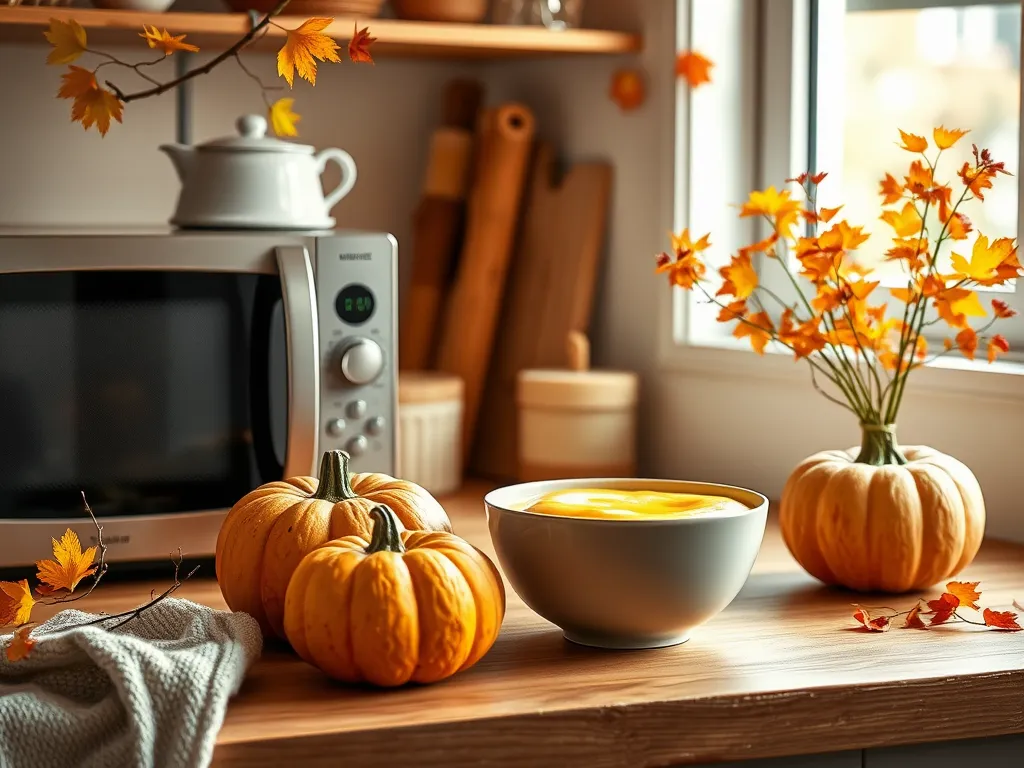 Delicious pumpkin custard displayed in a bowl, surrounded by decorative pumpkins and autumn foliage.