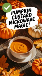 Delicious pumpkin custard in a bowl surrounded by pumpkins and autumn leaves, showcasing microwave magic for easy dessert.