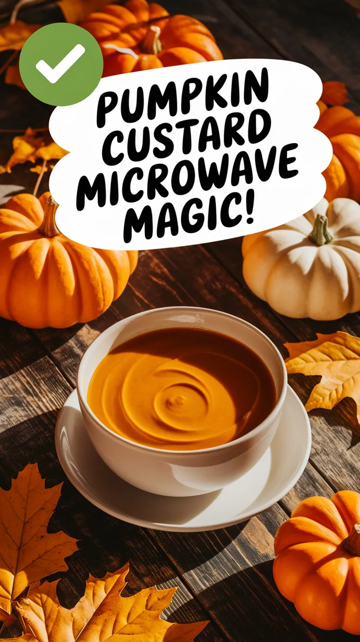 Delicious pumpkin custard in a bowl surrounded by pumpkins and autumn leaves, showcasing microwave magic for easy dessert.
