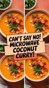 Delicious quick coconut curry soup made in the microwave, garnished with fresh vegetables.