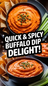 Delicious quick microwave buffalo dip with celery and tortilla chips