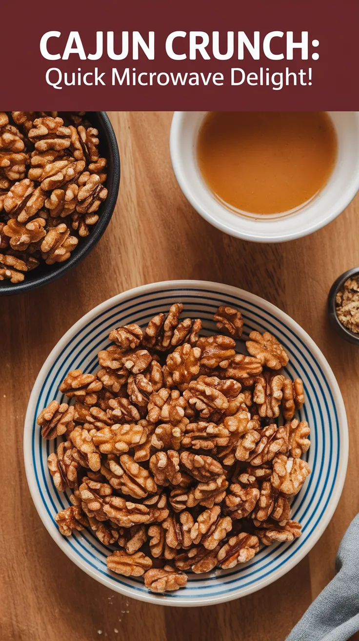 Bowl of quick microwave Cajun walnuts with a dip and spices, perfect for snacking.