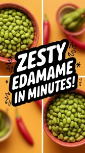 Bowl of edamame with chili peppers, showcasing quick microwave chili lime edamame recipe