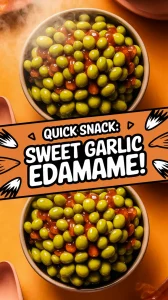 Delicious quick microwave honey garlic edamame in a bowl.