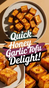Delicious quick microwave honey garlic tofu cubes on a plate, showcasing a golden glaze.
