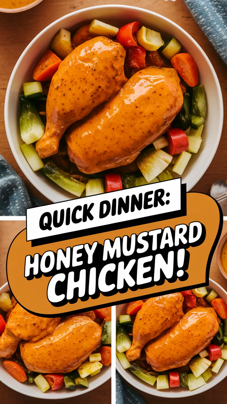 Delicious quick microwave honey mustard chicken served with vegetables.