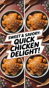 Bowl of quick microwave honey sesame chicken topped with sesame seeds, perfect for a quick meal.