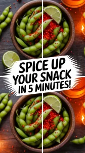Bowl of spicy edamame garnished with lime and chili flakes, perfect for a quick snack.