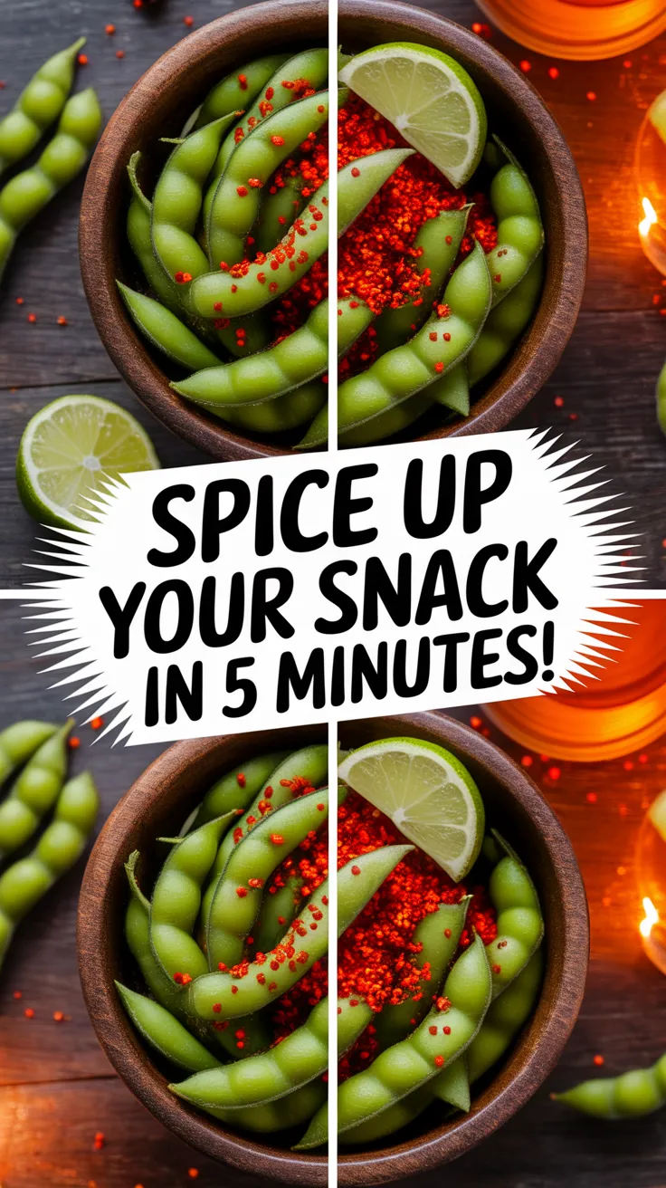 Bowl of spicy edamame garnished with lime and chili flakes, perfect for a quick snack.