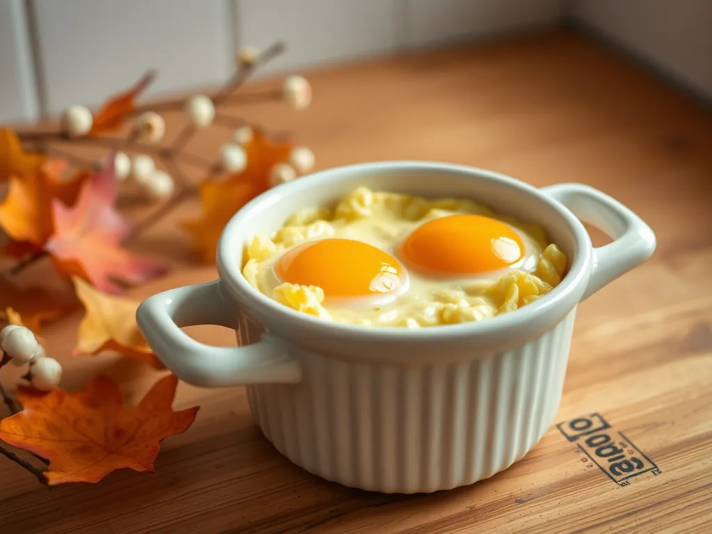 Ramekin with two eggs ready for microwaving without sticking