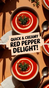 Delicious microwave-roasted red pepper soup garnished with cream and herbs.