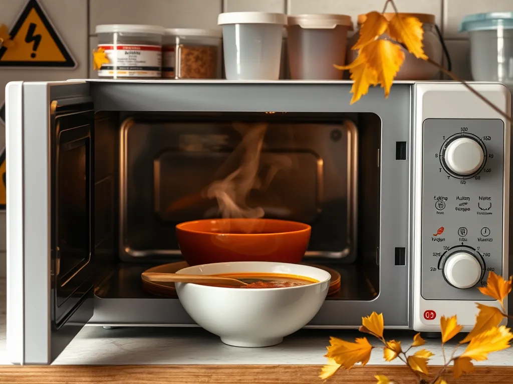 A microwave with steaming bowls, emphasizing safe reheating of canned food.
