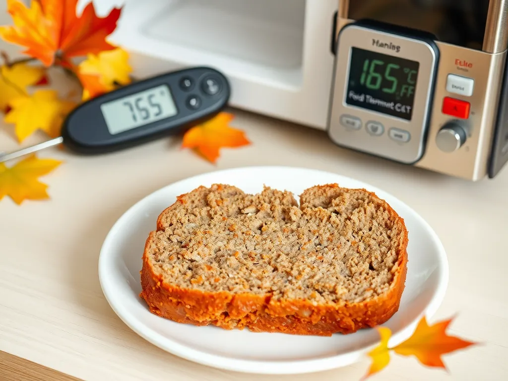 Slice of meatloaf on a plate next to a microwave, illustrating how to reheat meatloaf in the microwave.