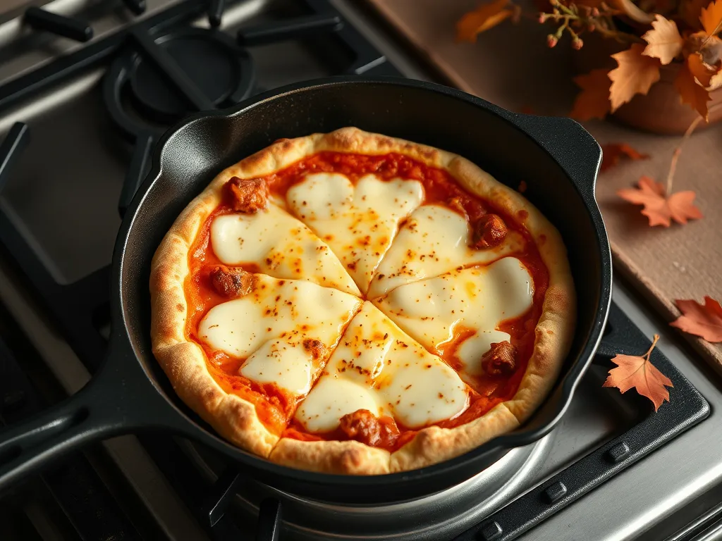 A freshly baked pizza in a cast iron skillet, perfect for reheating and crisping the crust.
