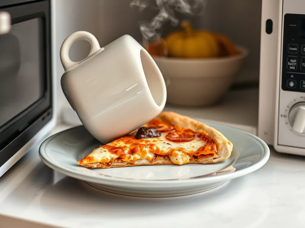 A slice of pizza on a plate being reheated with a steaming cup nearby, demonstrating how to reheat pizza and crisp the crust simultaneously.