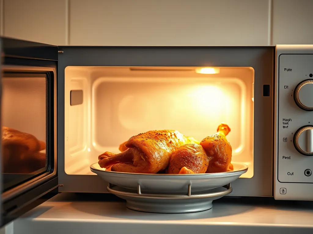 Rotisserie chicken being reheated in microwave to retain moisture